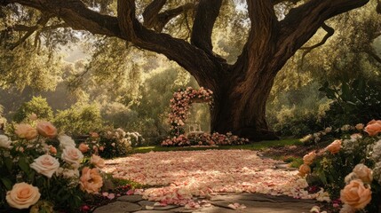 A romantic garden path strewn with rose petals
