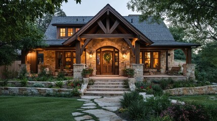 Fototapeta premium Rustic stone home with wooden porch