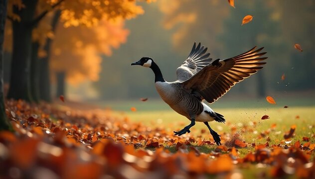 A lone goose takes flight, startled by the hunter's approach  The autumn leaves swirl around it, creating a dramatic scene of nature's struggle for survival ,  hunting season,  wings,  wild goose
