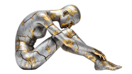 A symbolic statue missing limbs, with gold-leaf repair marks, concept of resilience, isolated on Transparent Background