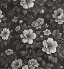 Subtle charcoal floral wallpaper; delicate blooms & leaves, vintage print , romantic, floral pattern, leaf