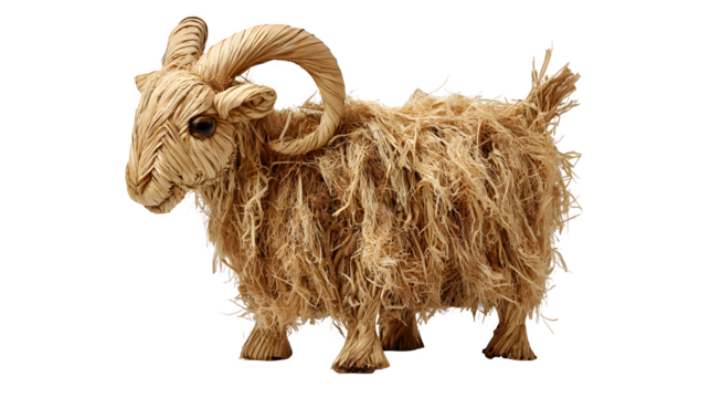 A traditional Scandinavian solstice goat made of straw, isolated on Transparent Background