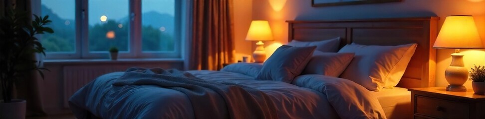 Cozy bedroom illuminated by warm, ambient lighting creating a relaxing and inviting atmosphere perfect for sleep  Soft glow, bedside lamp, nightstand, comfortable, peaceful, serenity , bright, dim
