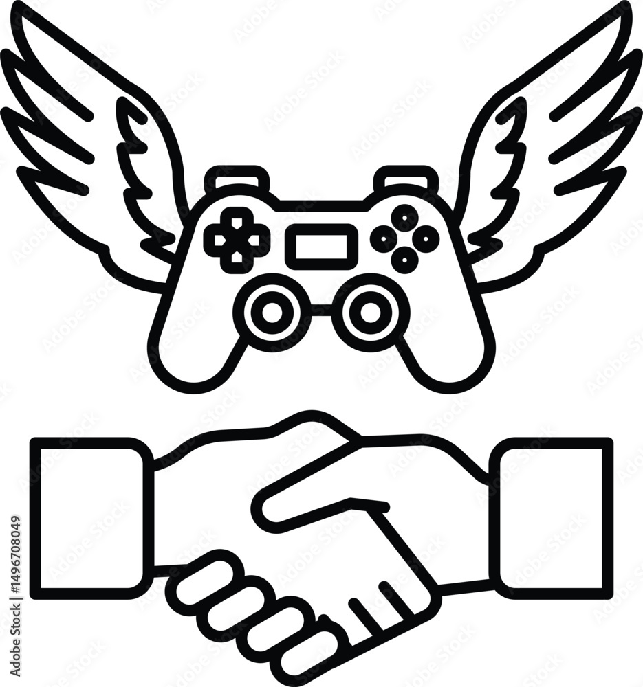 Poster a video game controller is being offered to a person in a handshake