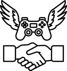 A video game controller is being offered to a person in a handshake