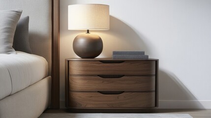 Collection of modern bedside tables with lamps in warm wood tones, isolated