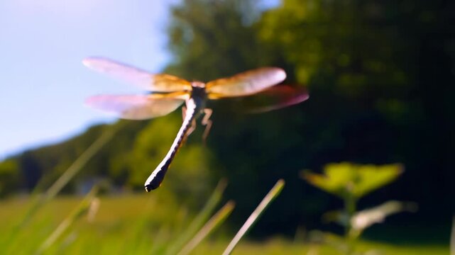 A dragonfly hovers in front of a lush green field on a bright day, showcasing its transparent iridescent wings and segmented tail.