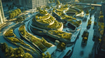 Urban park with winding walkways and lush greenery.  Elevated walkways meander through the landscape, with interconnected gardens and terraces