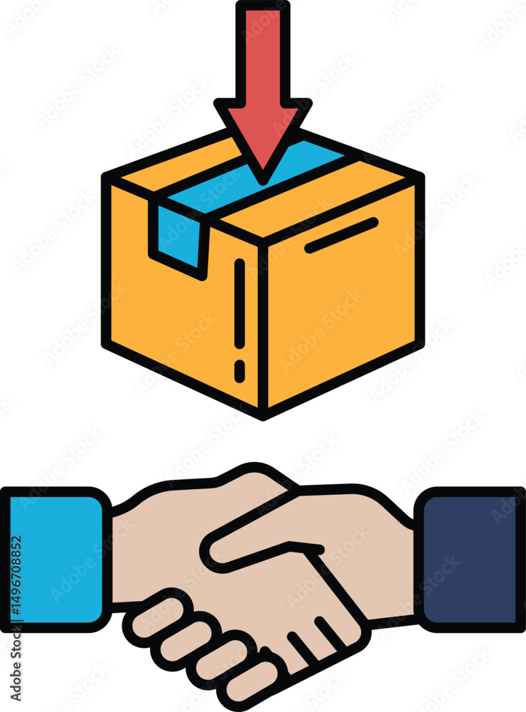 Aufkleber a box with a red arrow pointing down is being opened by two people shaking hands