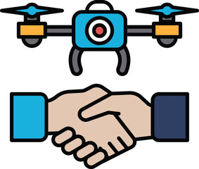A blue and yellow drone is shown with a handshake between two people