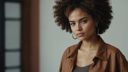 Stylish Latin American Woman in Brown Attire with Voluminous Curls

