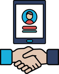 A tablet with a person on it and a hand on the tablet