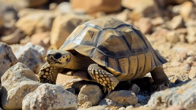 Desert tortoise navigates rocky terrain with determination and grace