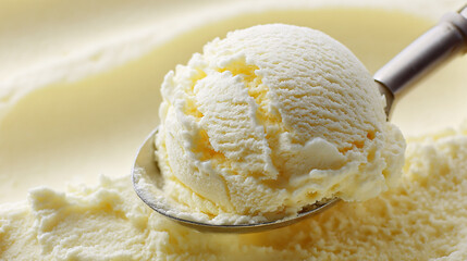 Close up of a vanilla ice cream scoop on a metal spoon showing the texture and creamy appearance of the frozen dessert against a soft