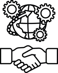 A black and white drawing of two hands shaking with a globe in the background