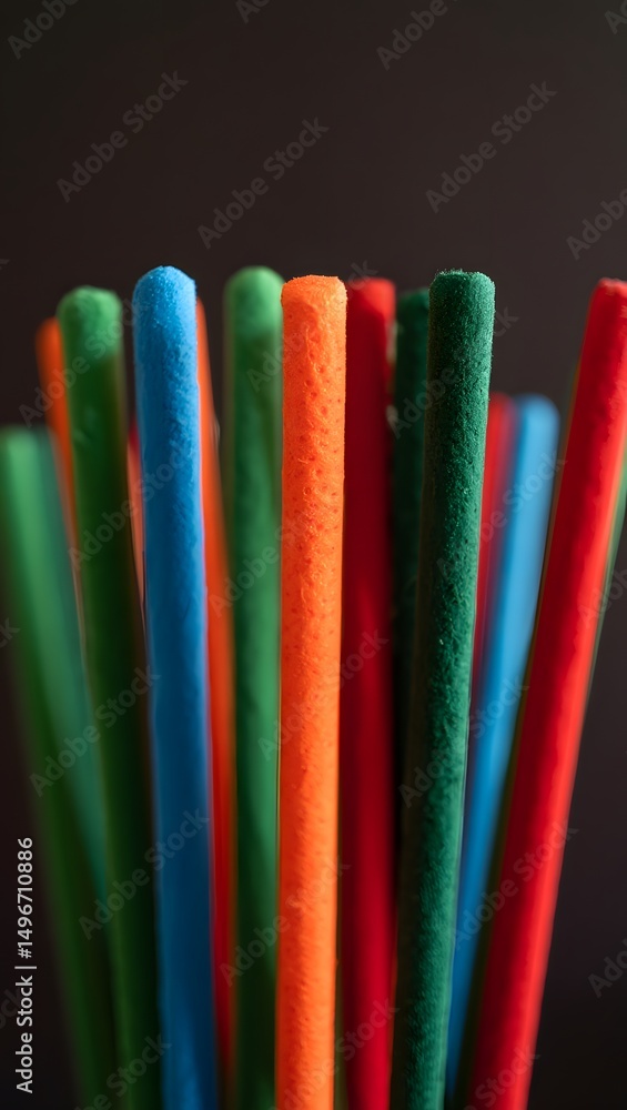 Poster a close-up shot of colorful sticks arranged against a dark backdrop. capturing vibrant hues and the 