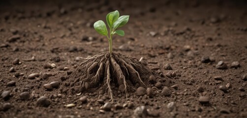 Bean seed pushing through soil, showing root development, garden, closeup
