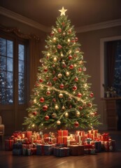 Magnificent decorated tree, glowing lights, abundant presents ,  shining,  happy holidays,  festive