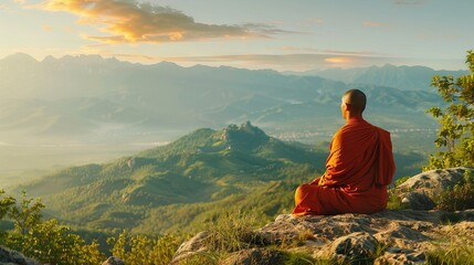 Fototapeta premium Silhouette Buddhist monk meditation on the rock side with a high mountain Generative AI