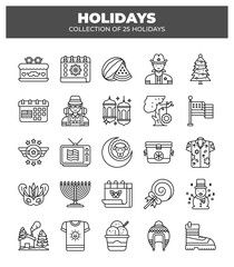 Collection of 25 Holidays. Festive Line Icons