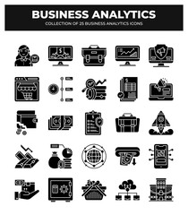 Collection of Business Analytics Icons: Data Analysis. Financial Reports. and Marketing Insights