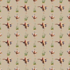 Colorful pattern of roosters in motion across a neutral background showcasing a rustic farm aesthetic