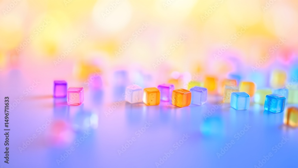 Poster colorful translucent plastic cube in playful scattering, floating in light and inviting imagination 