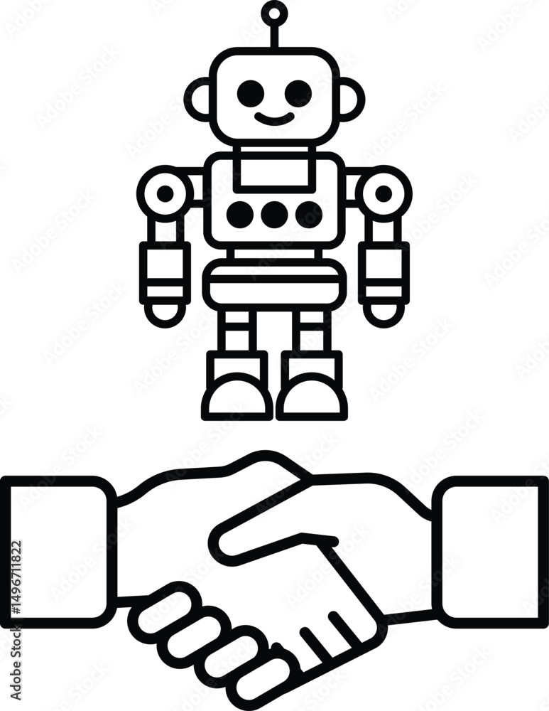 Poster a robot is standing next to a hand that is shaking hands with it