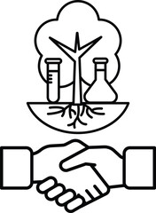 A handshake between two people is shown with a tree and a lab in the background