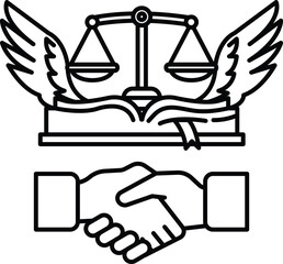 A black and white drawing of two hands shaking with a scale and wings above them