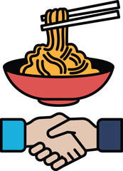 A bowl of noodles with chopsticks in it is shown with two hands shaking hands