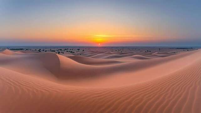 Golden desert sunrise over rolling sand dunes captured in dynamic timelapse magic