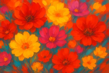 The abstract, vibrant red, yellow, and pink floral oil painting colors