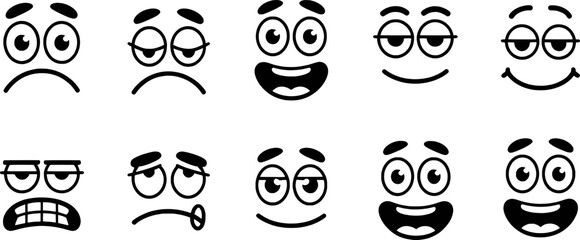 Cartoon faces showing various emotions happy sad angry tired