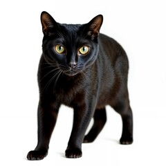 Sleek Black Cat with Golden Eyes on White Background -AI Generated