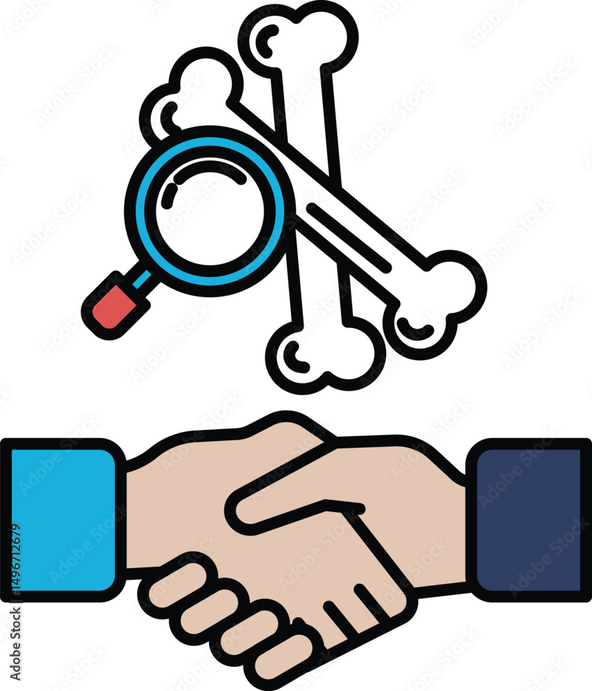 Poster a picture of two hands shaking with a skull and bones in the background