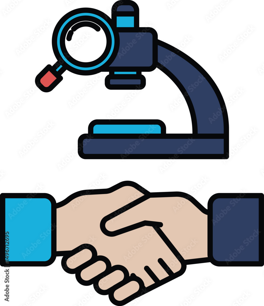 Poster a hand shaking another hand with a microscope in the background