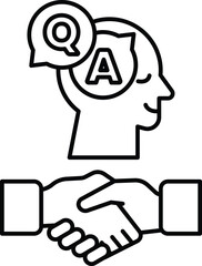 A man and a woman shaking hands with a question mark above them