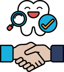 A smiling tooth with a magnifying glass on it