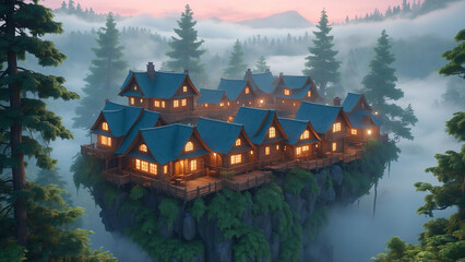 Obraz premium Morning fog wraps a deep forest village built from wood with glowing light in golden coral hues and glossy rooftops barely visible through thick mist