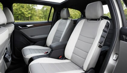 Modern vehicle interior with luxurious leather seats and a sleek dashboard design