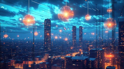 Fototapeta premium Futuristic city at twilight with glowing orbs