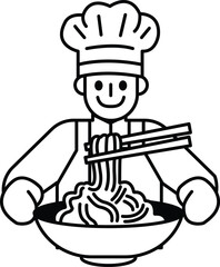 A chef is holding a bowl of noodles and smiling