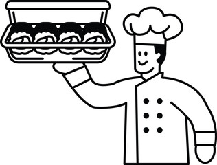 A chef is holding a tray of food and smiling
