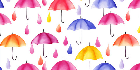 雨粒と虹色の傘が舞う水彩パターン背景素材｜梅雨・レイングッズ・かわいい傘・手描きイラスト・水滴モチーフ・ファブリック・パターンデザイン・夏の背景素材