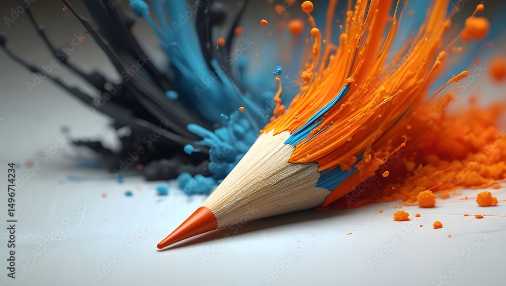 Poster a dynamic image of a pencil explodes with vibrant streams of blue and orange, symbolizing creativity