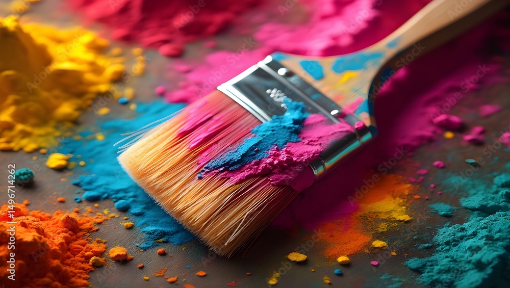 Aufkleber a paint brush, brimming with vivid colors, rests amidst an array of colorful powder, creating a stri