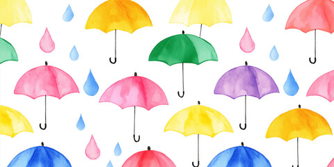Obraz premium 雨粒と虹色の傘が舞う水彩パターン背景素材｜梅雨・レイングッズ・かわいい傘・手描きイラスト・水滴モチーフ・ファブリック・パターンデザイン・夏の背景素材