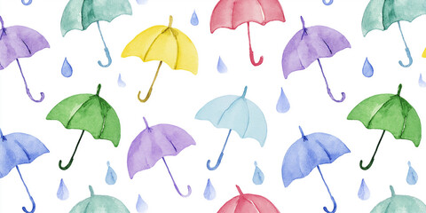 Obraz premium 水彩風のカラフルな傘と雨粒のシームレスパターン背景｜手描きイラスト・梅雨・レイニーシーズン・装飾素材・ポップ・明るい・雨の日デザイン・バックグラウンド