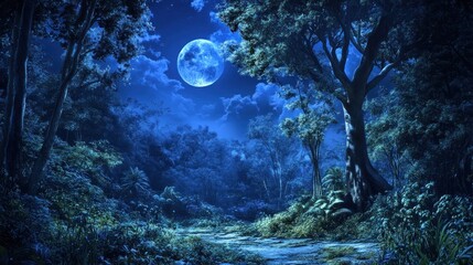 Fototapeta premium Lush nocturnal forest path under a full moon